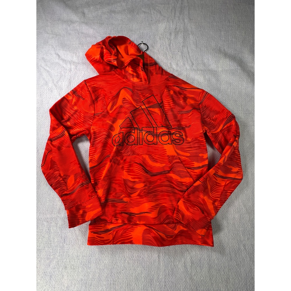 Adidas Boys Orange Red Wave Print Fleece Hoodie Sweatshirt L 14/16 Logo Pocket